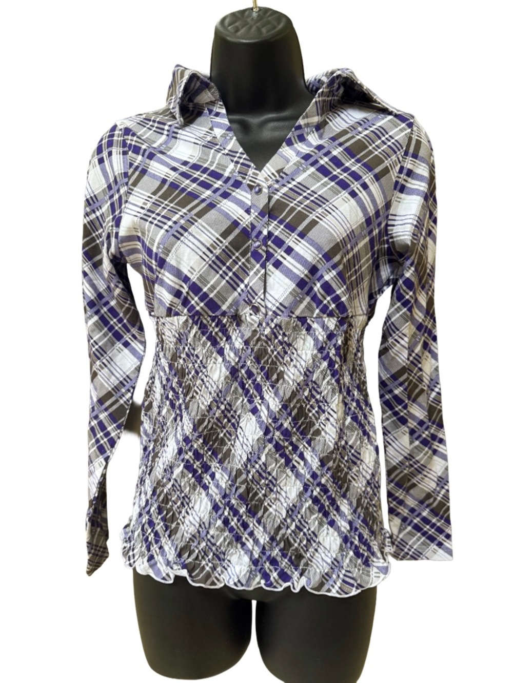 Women’s Purple & White Plaid Button-Down Smocked Waist Top